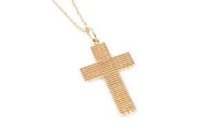 18k Yellow Gold Cross with Basket Weave 1.4"
