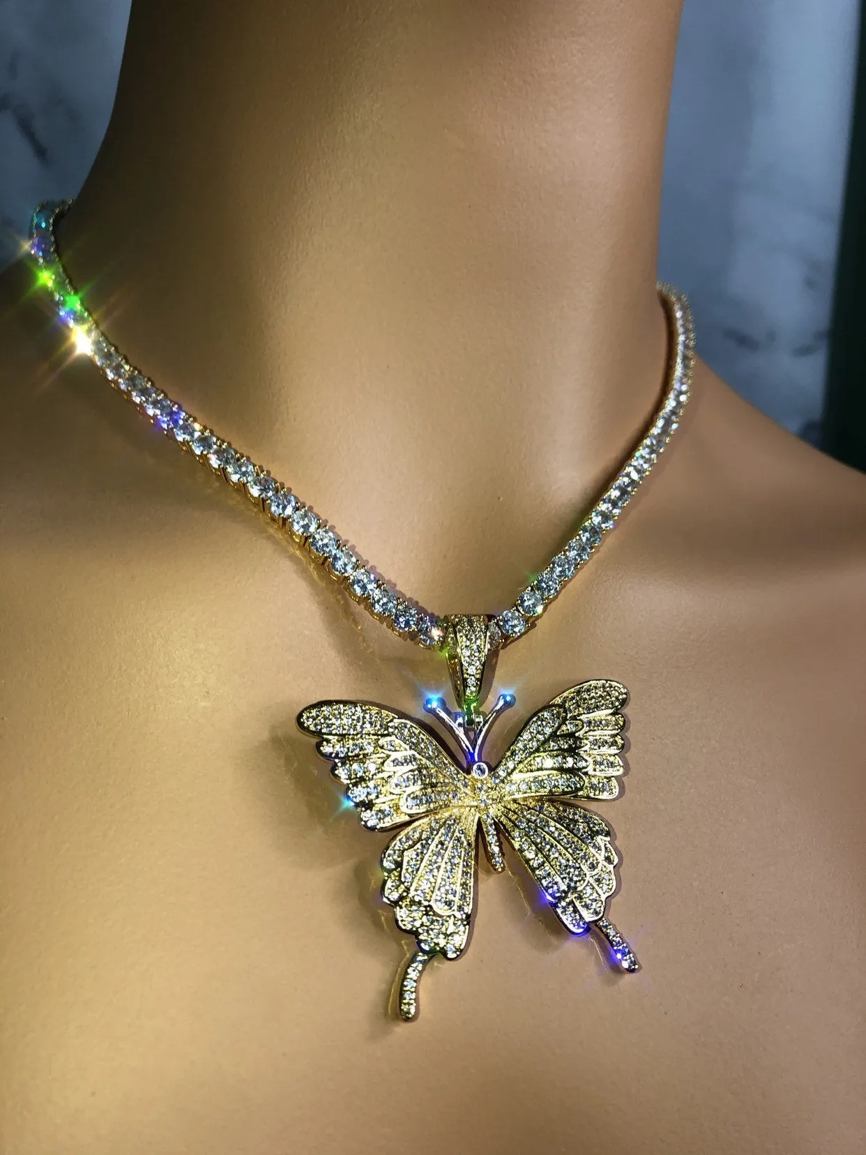 3 piece SET tennis butterfly choker , bling butterfly , butterfly tennis necklace, 4mm tennis necklace and cz butterfly pendant ,