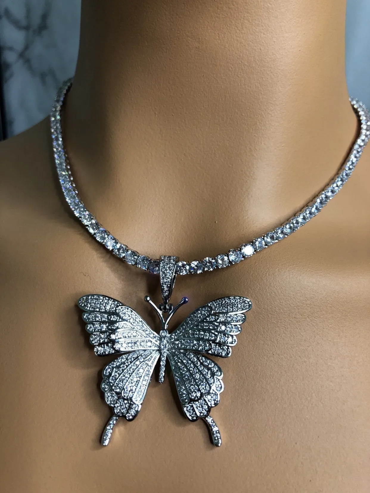 3 piece SET tennis butterfly choker , bling butterfly , butterfly tennis necklace, 4mm tennis necklace and cz butterfly pendant ,