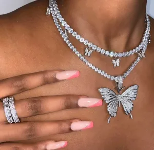 3 piece SET tennis butterfly choker , bling butterfly , butterfly tennis necklace, 4mm tennis necklace and cz butterfly pendant ,