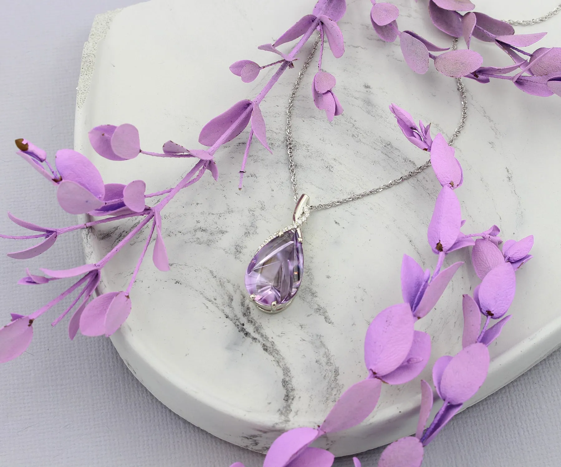 Amethyst Carved Teardrop Twist Diamond Necklace