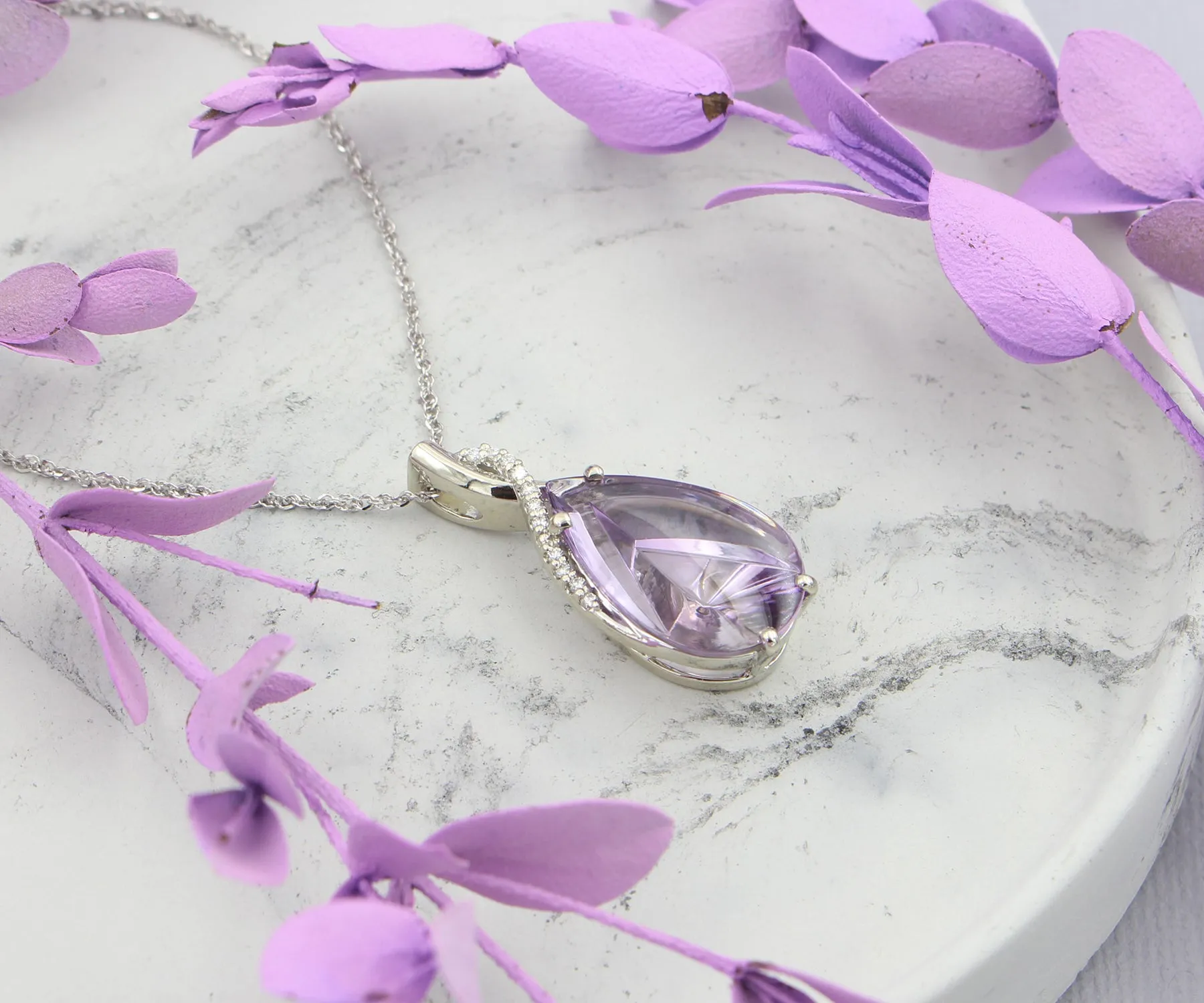 Amethyst Carved Teardrop Twist Diamond Necklace