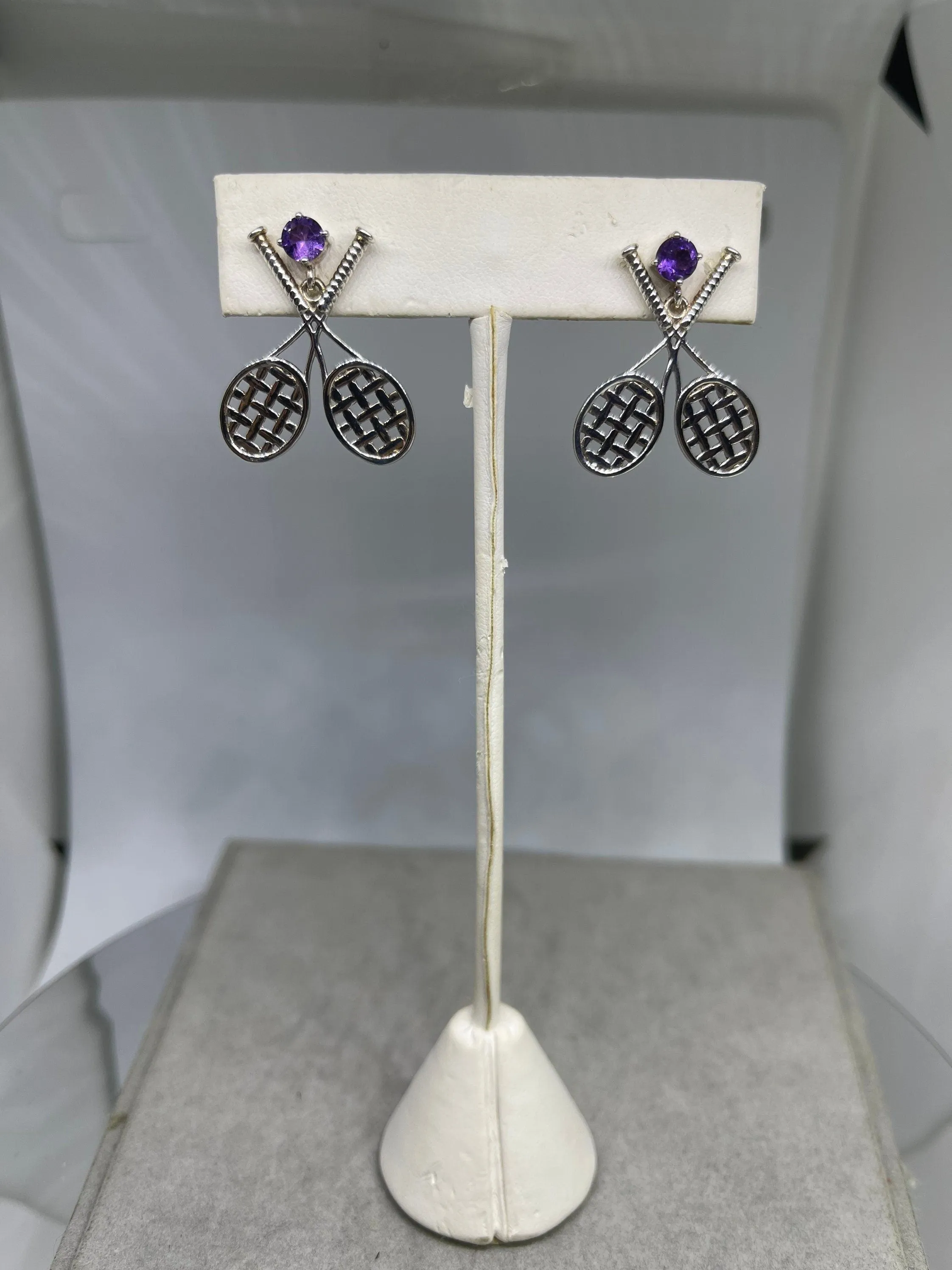Amethyst Sterling Silver Tennis Dangle Earrings