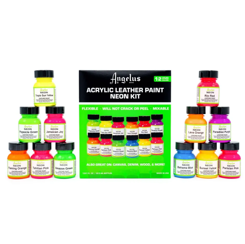 ANGELUS ACRYLIC LEATHER PAINT - NEON COLOR KIT - 12 COLORS