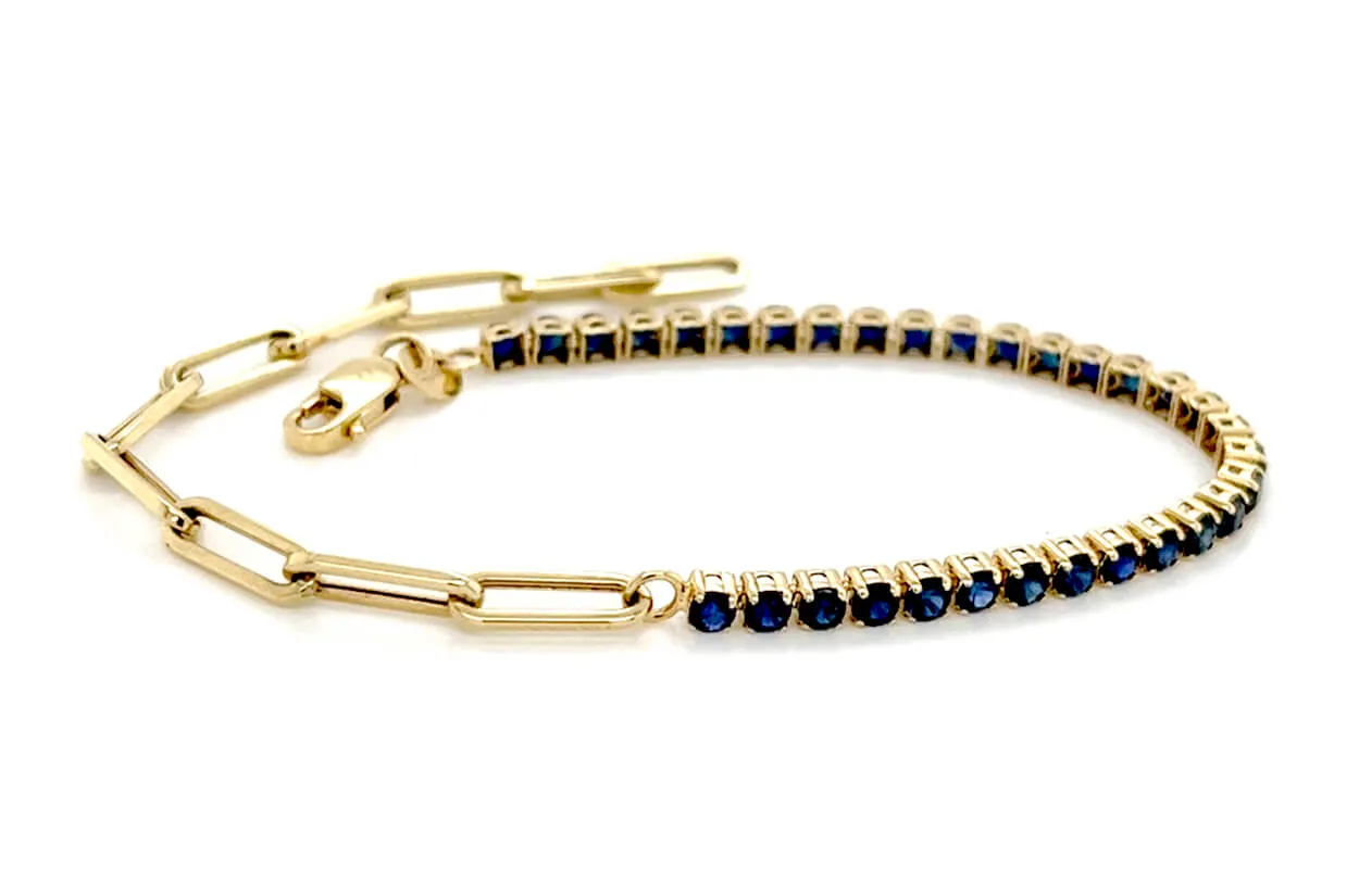 Bracelet 14kt Gold Half Paperclip & Half Sapphires Tennis