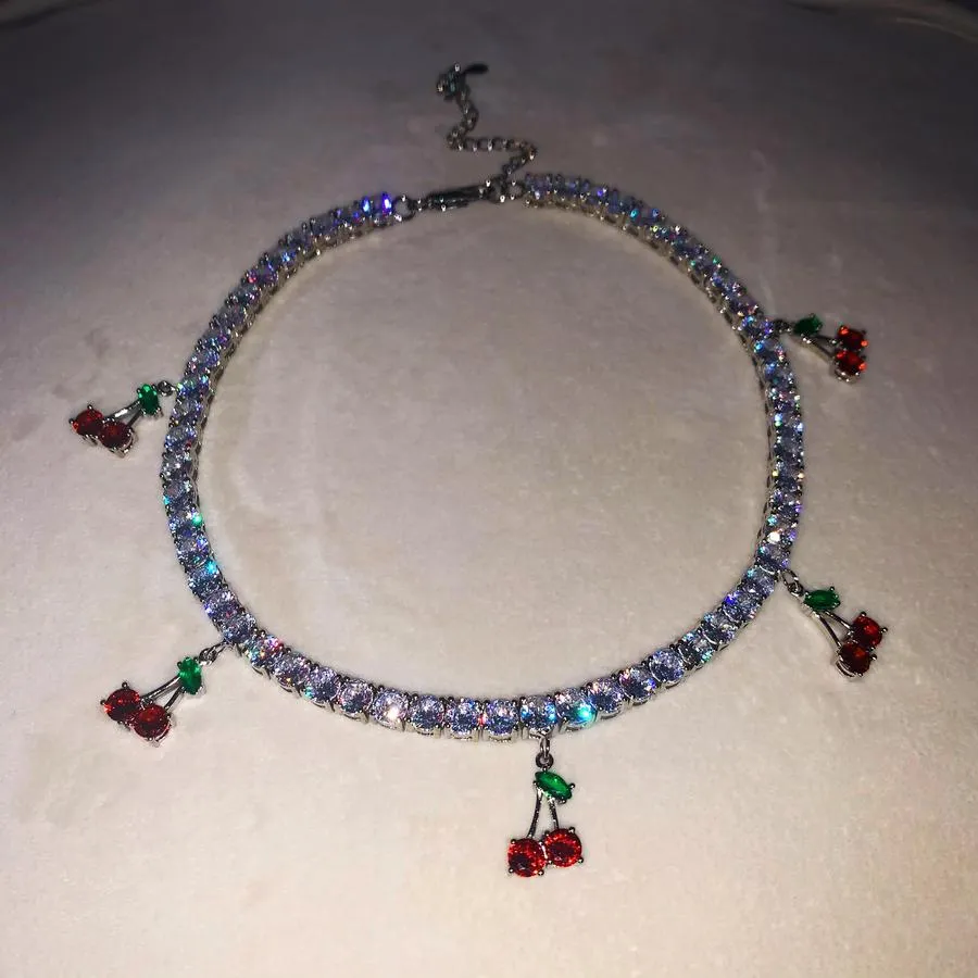 CHerry tennis choker ,(FREE! BUY ONE GET ONE FREE ,ADD 2 TO CART) cz tennis cherry  necklace , bling iced cherry  necklace, cherry  necklace, cherry jewelry i