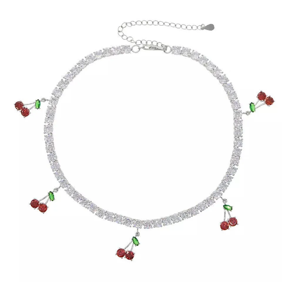 CHerry tennis choker ,(FREE! BUY ONE GET ONE FREE ,ADD 2 TO CART) cz tennis cherry  necklace , bling iced cherry  necklace, cherry  necklace, cherry jewelry i