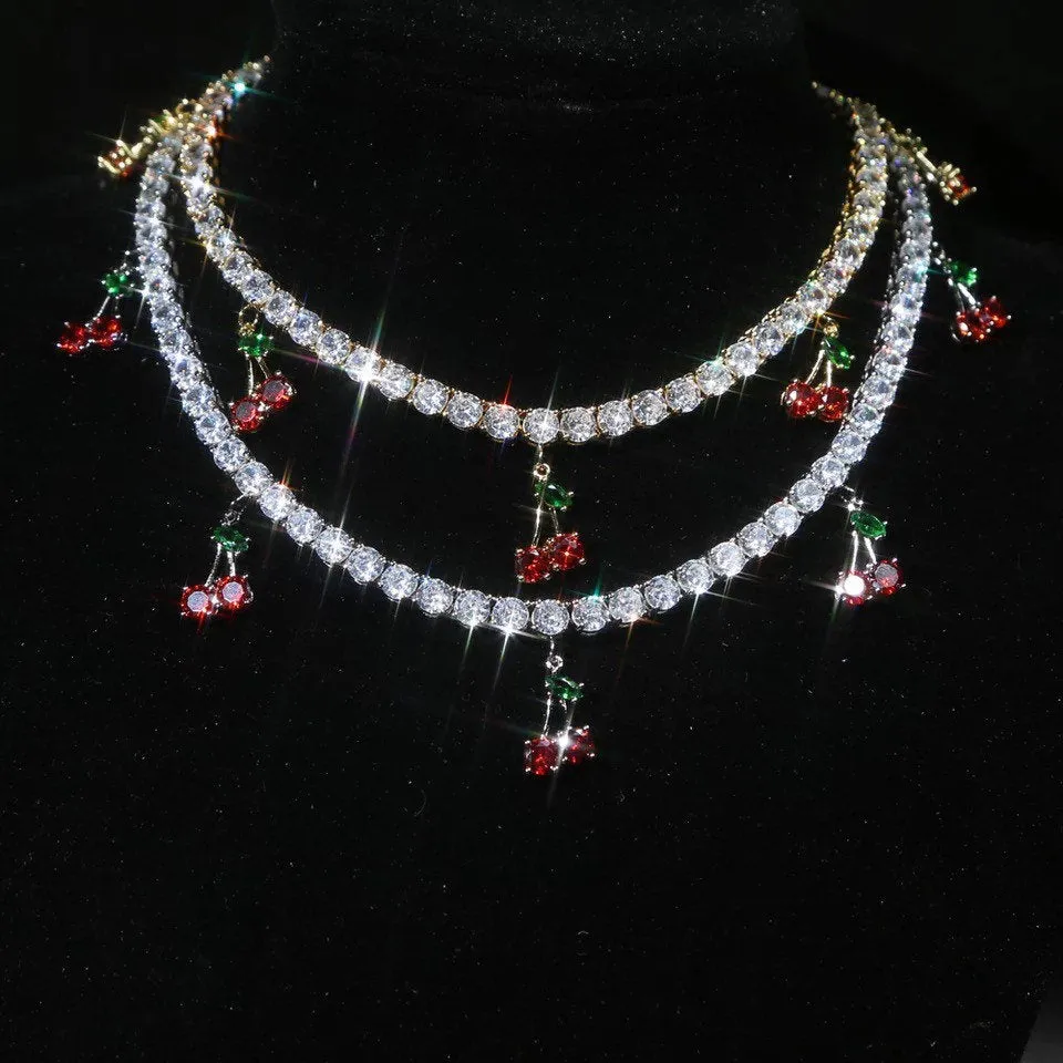 CHerry tennis choker ,(FREE! BUY ONE GET ONE FREE ,ADD 2 TO CART) cz tennis cherry  necklace , bling iced cherry  necklace, cherry  necklace, cherry jewelry i