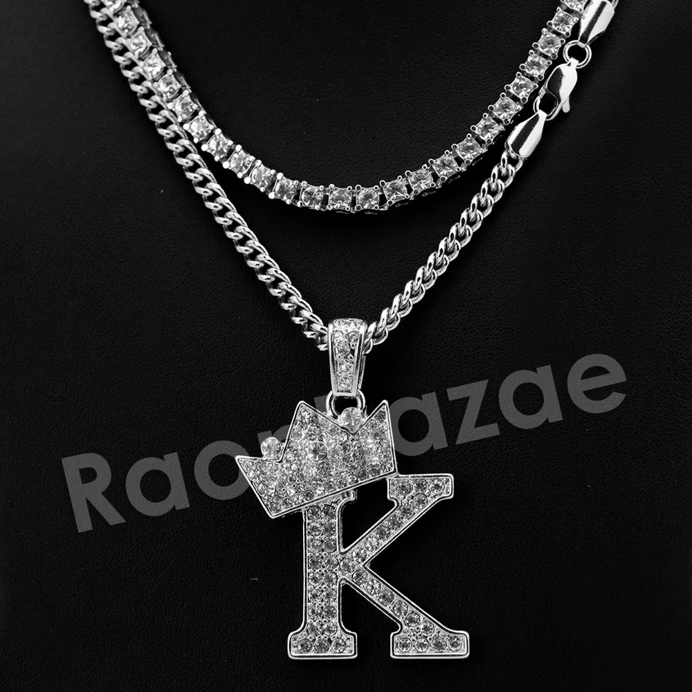 Crown K Initial Pendant Necklace Set.