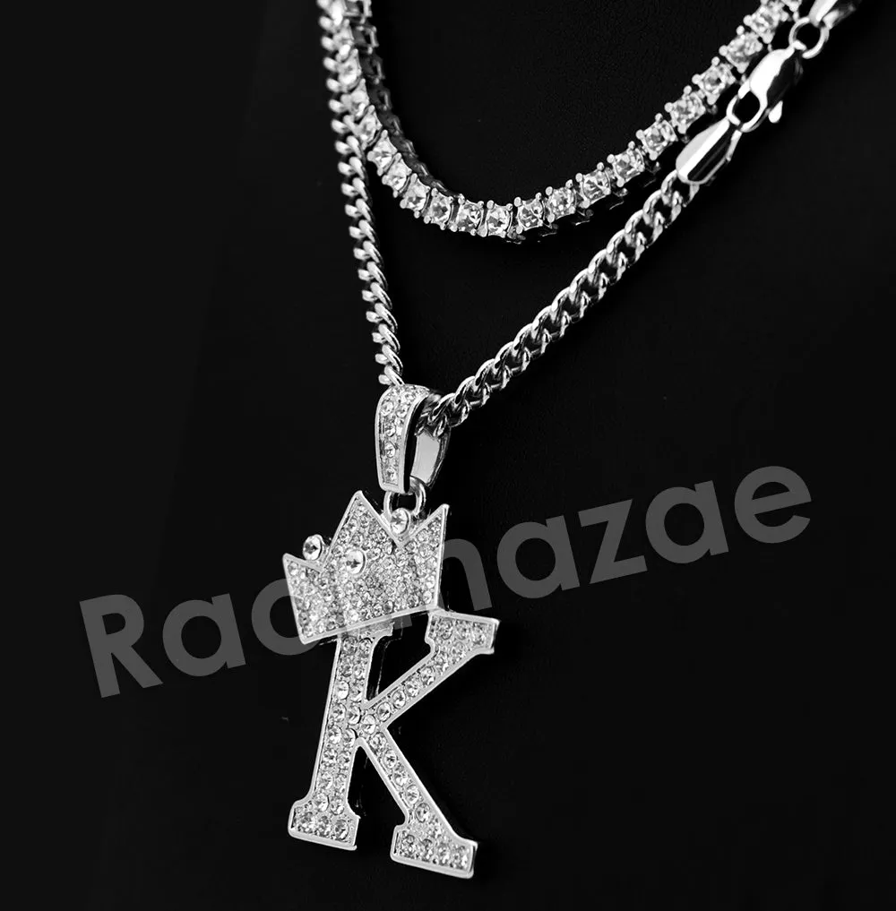 Crown K Initial Pendant Necklace Set.