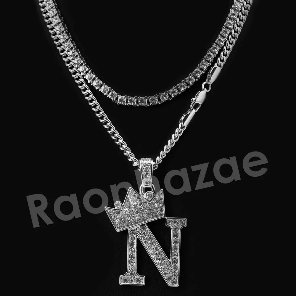 Crown N Initial Pendant Necklace Set.