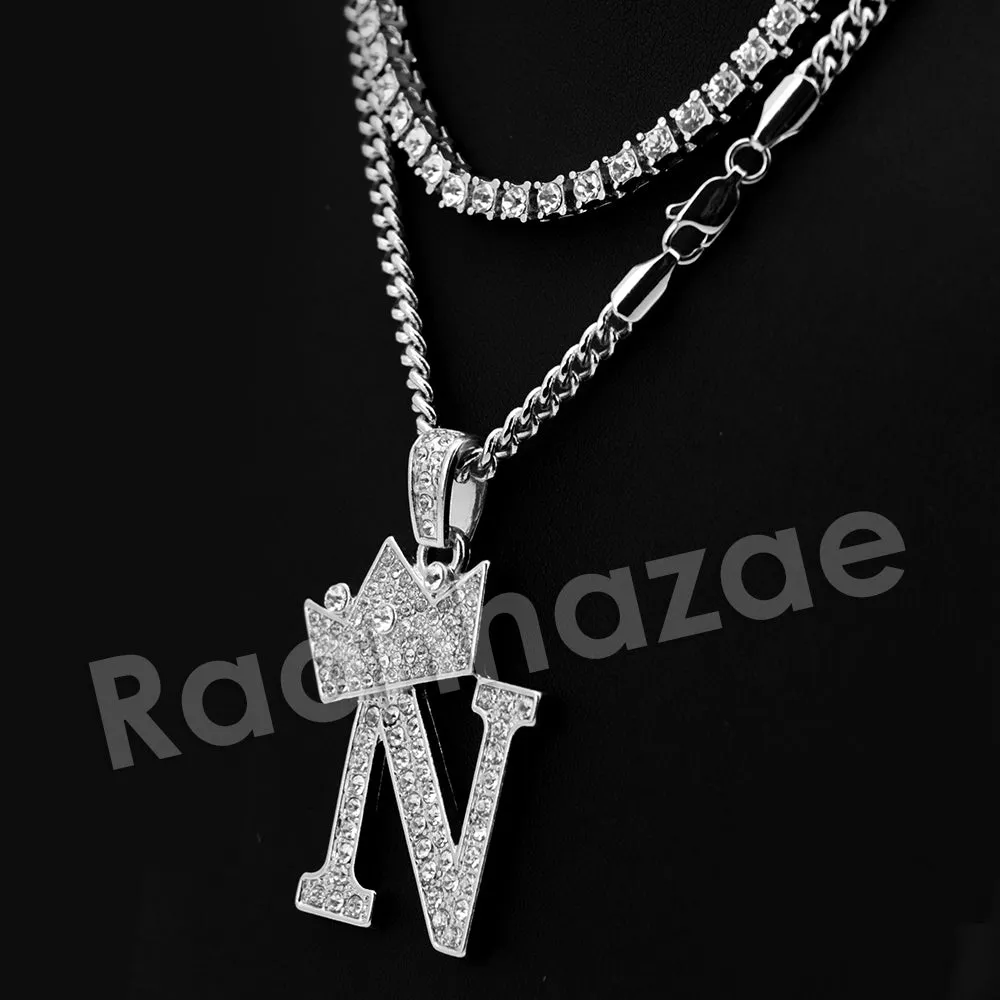 Crown N Initial Pendant Necklace Set.