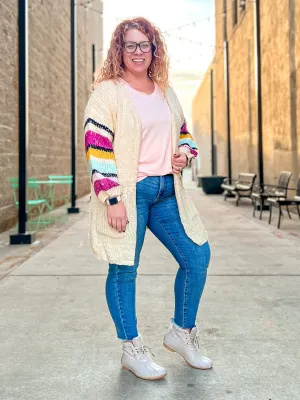 Easy On Me Cardigan- Ivory Striped Sleeve