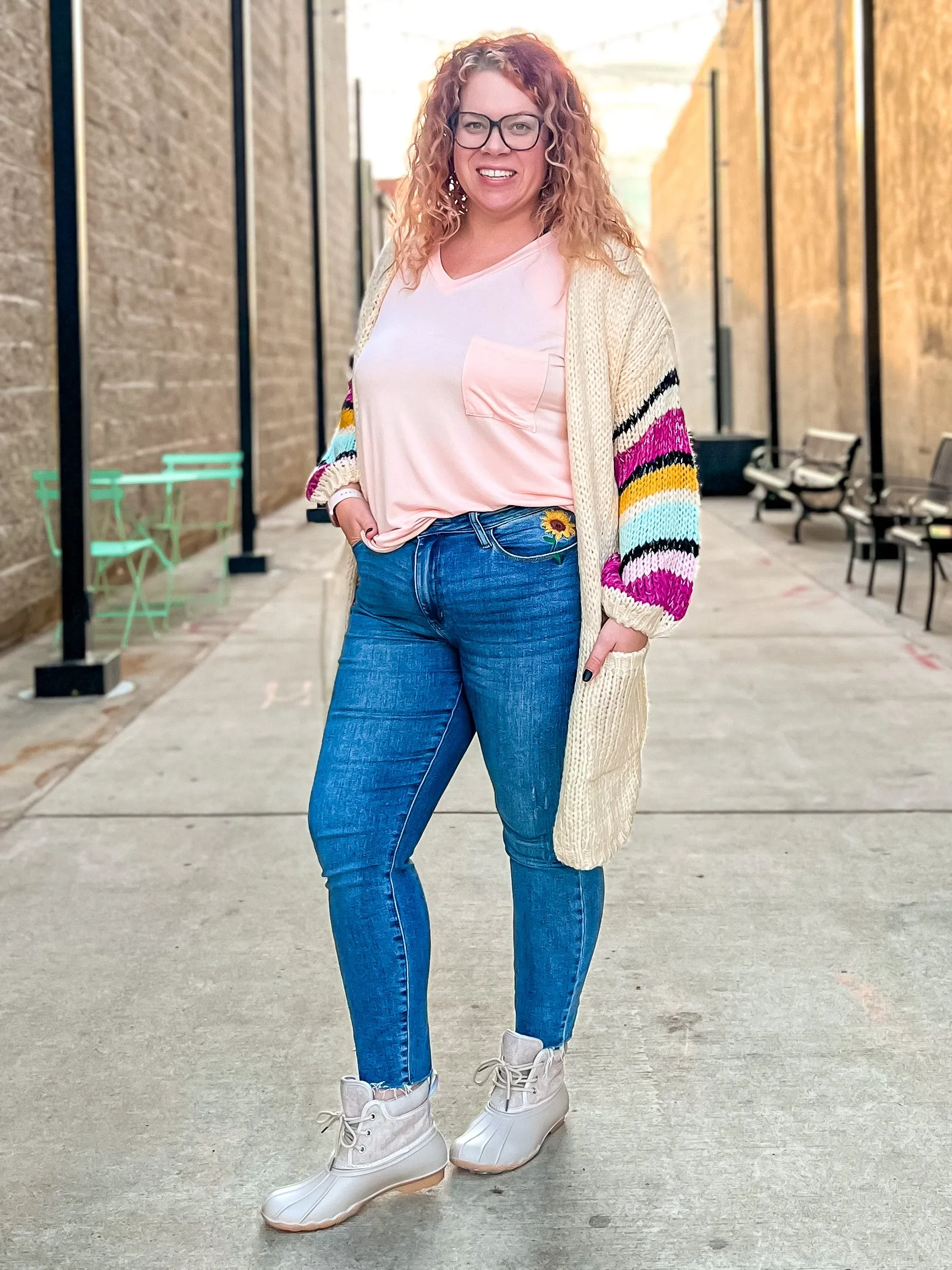 Easy On Me Cardigan- Ivory Striped Sleeve