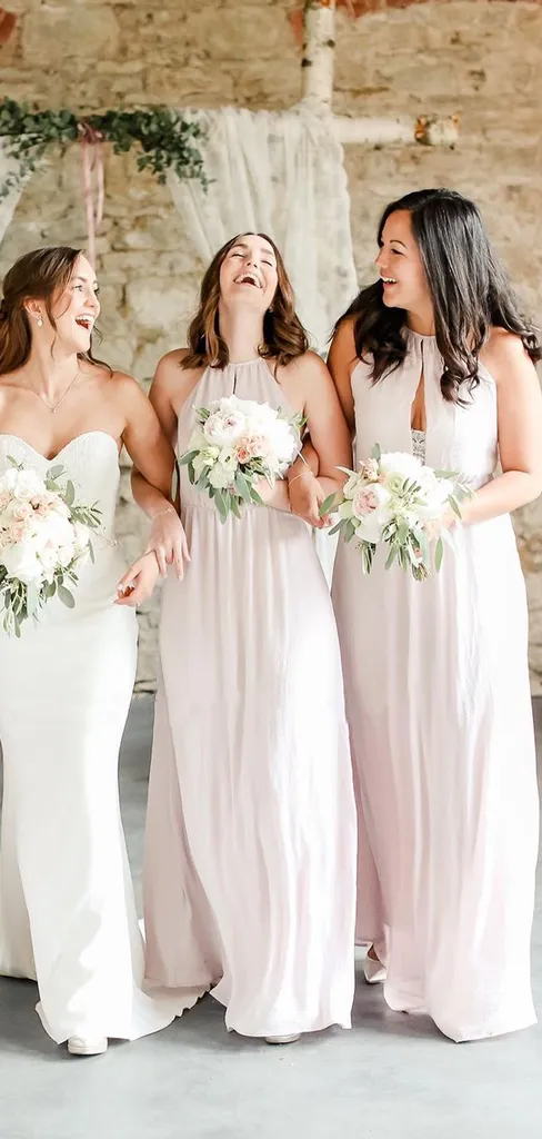 Elegant Jewel Neck Halter Sleeveless A-line Chiffon Long Bridesmaid Dresses, BD3022