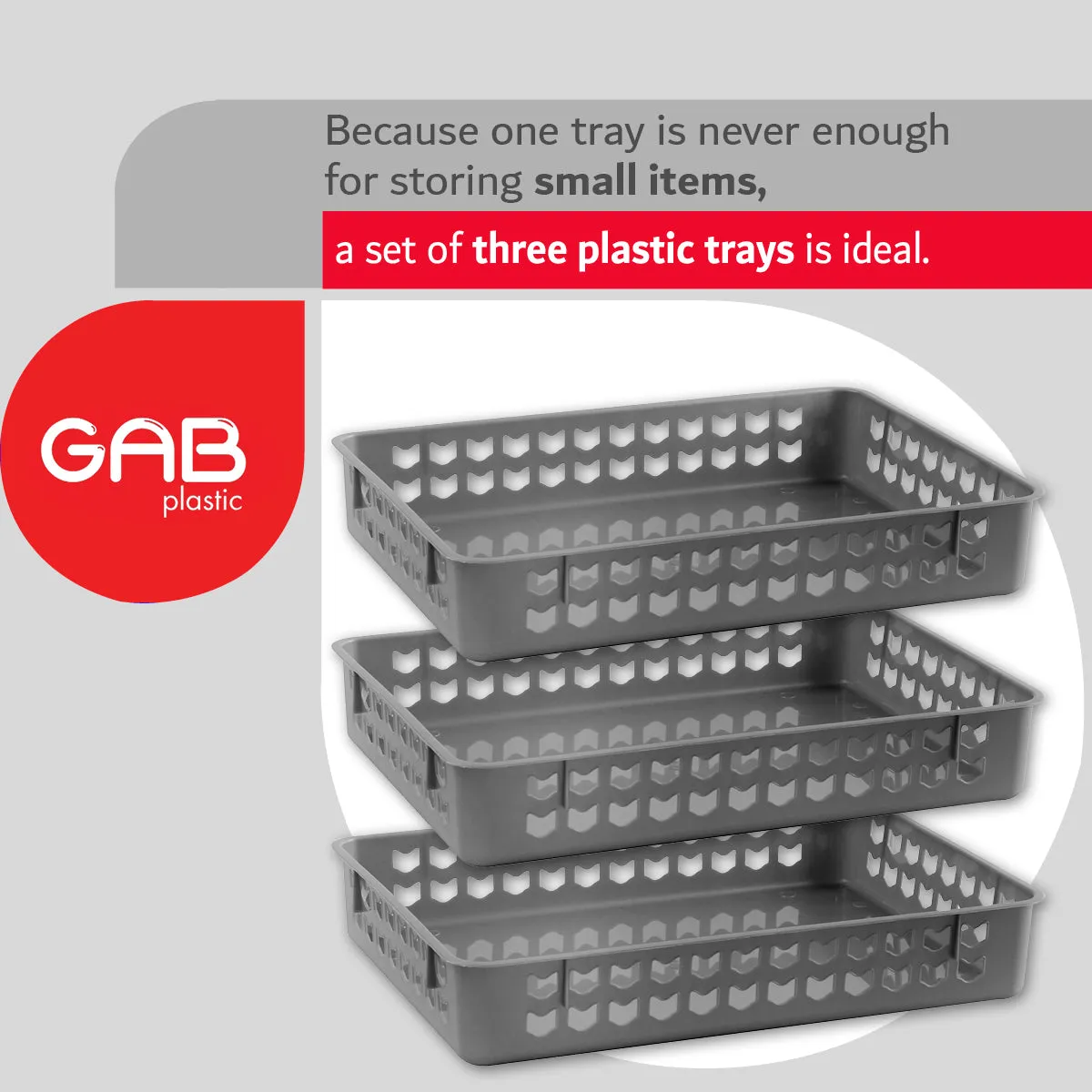 Gab Plastic Set of 3 Organizing Trays, 35 x 25cm - Silver