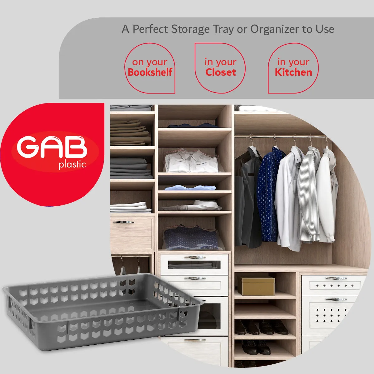 Gab Plastic Set of 3 Organizing Trays, 35 x 25cm - Silver