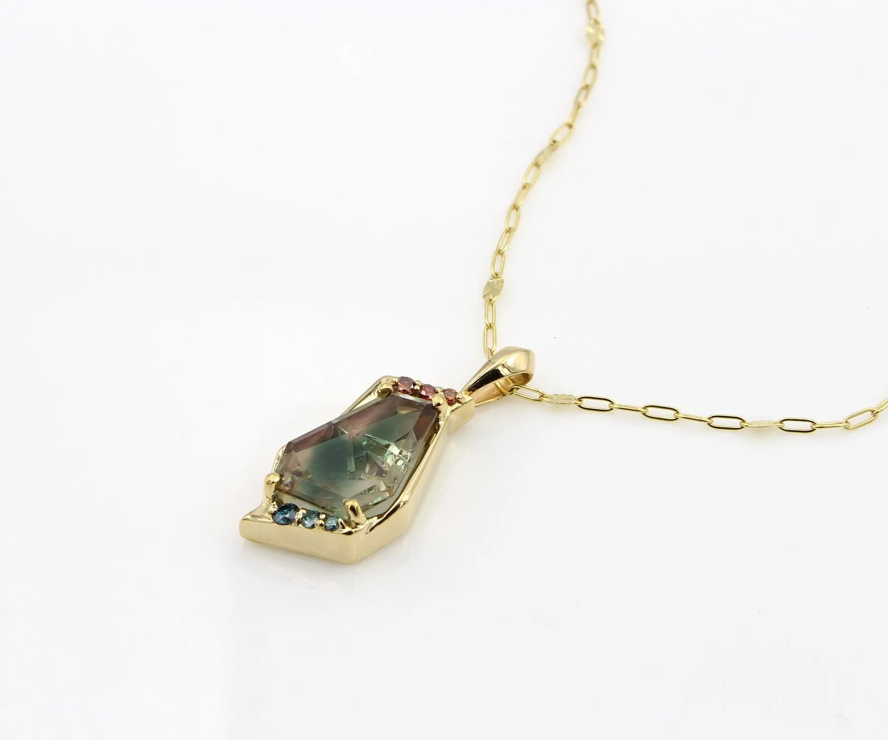 Geometric Green Sunstone Diamond Gold Necklace
