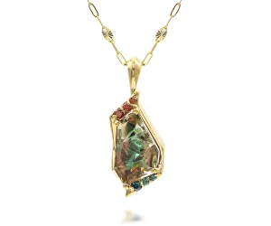 Geometric Green Sunstone Diamond Gold Necklace