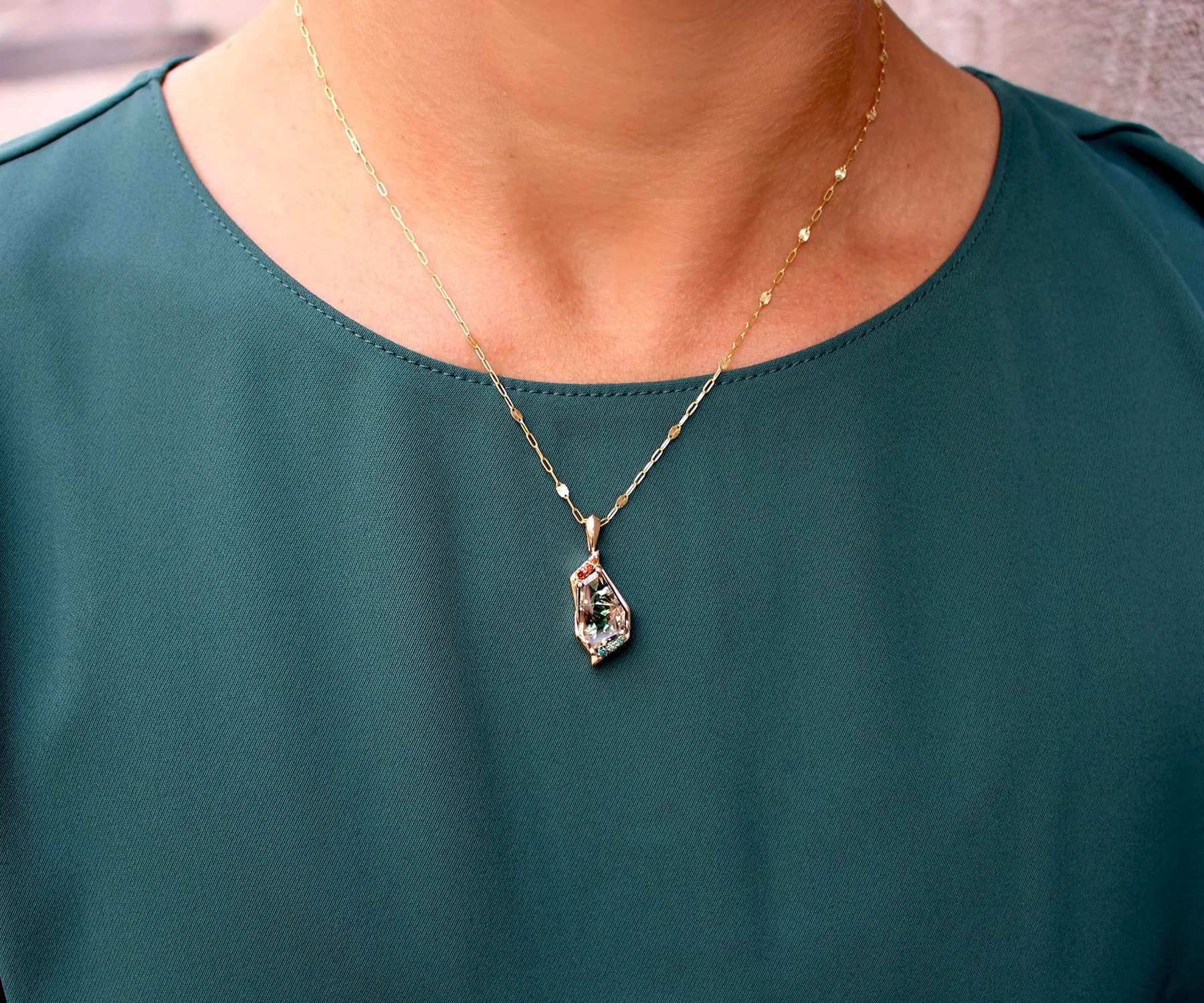 Geometric Green Sunstone Diamond Gold Necklace
