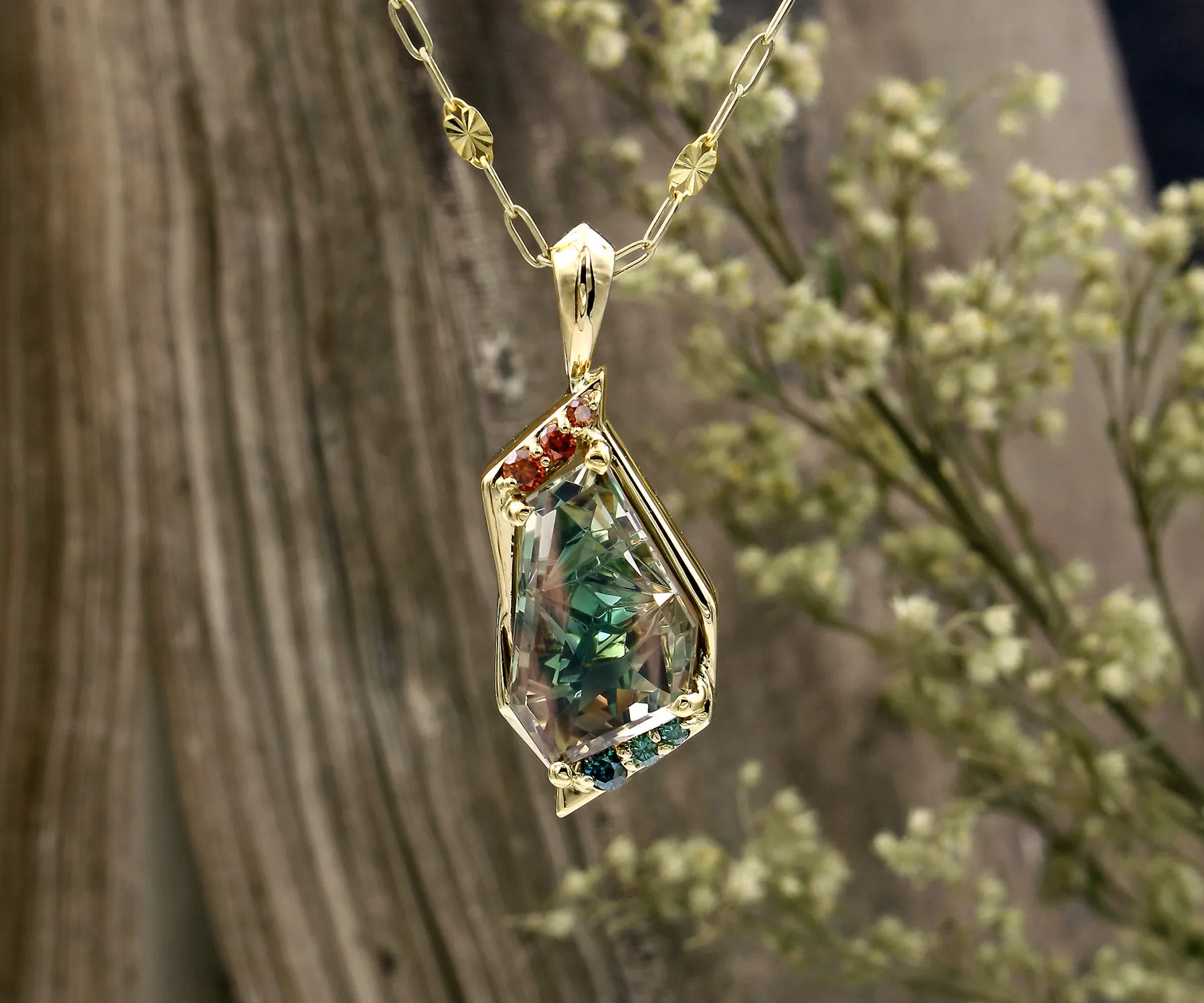 Geometric Green Sunstone Diamond Gold Necklace
