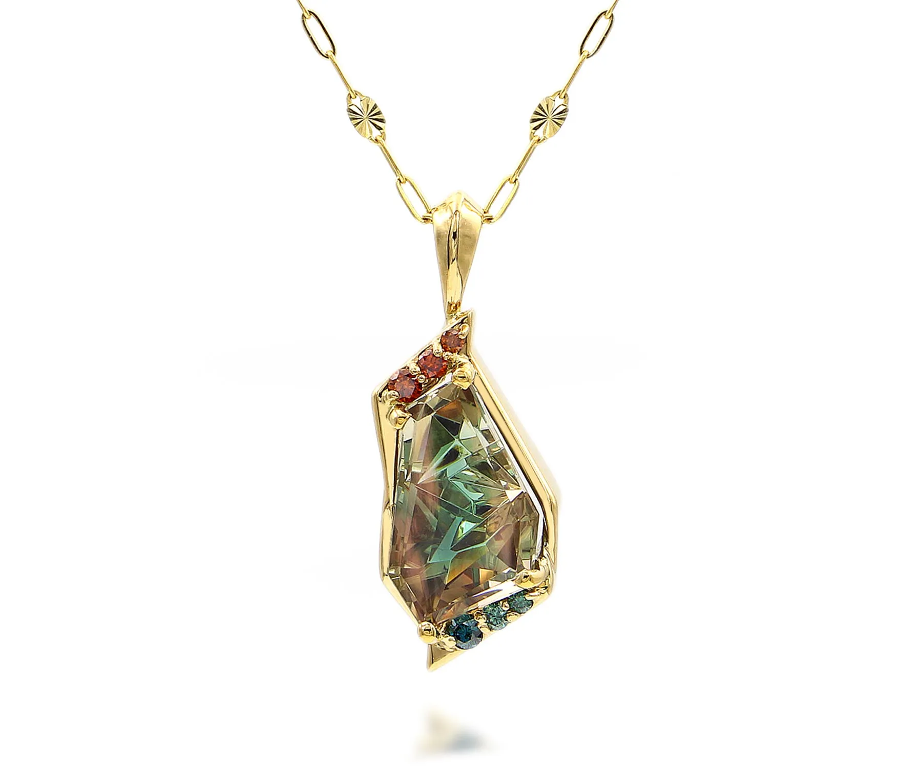 Geometric Green Sunstone Diamond Gold Necklace