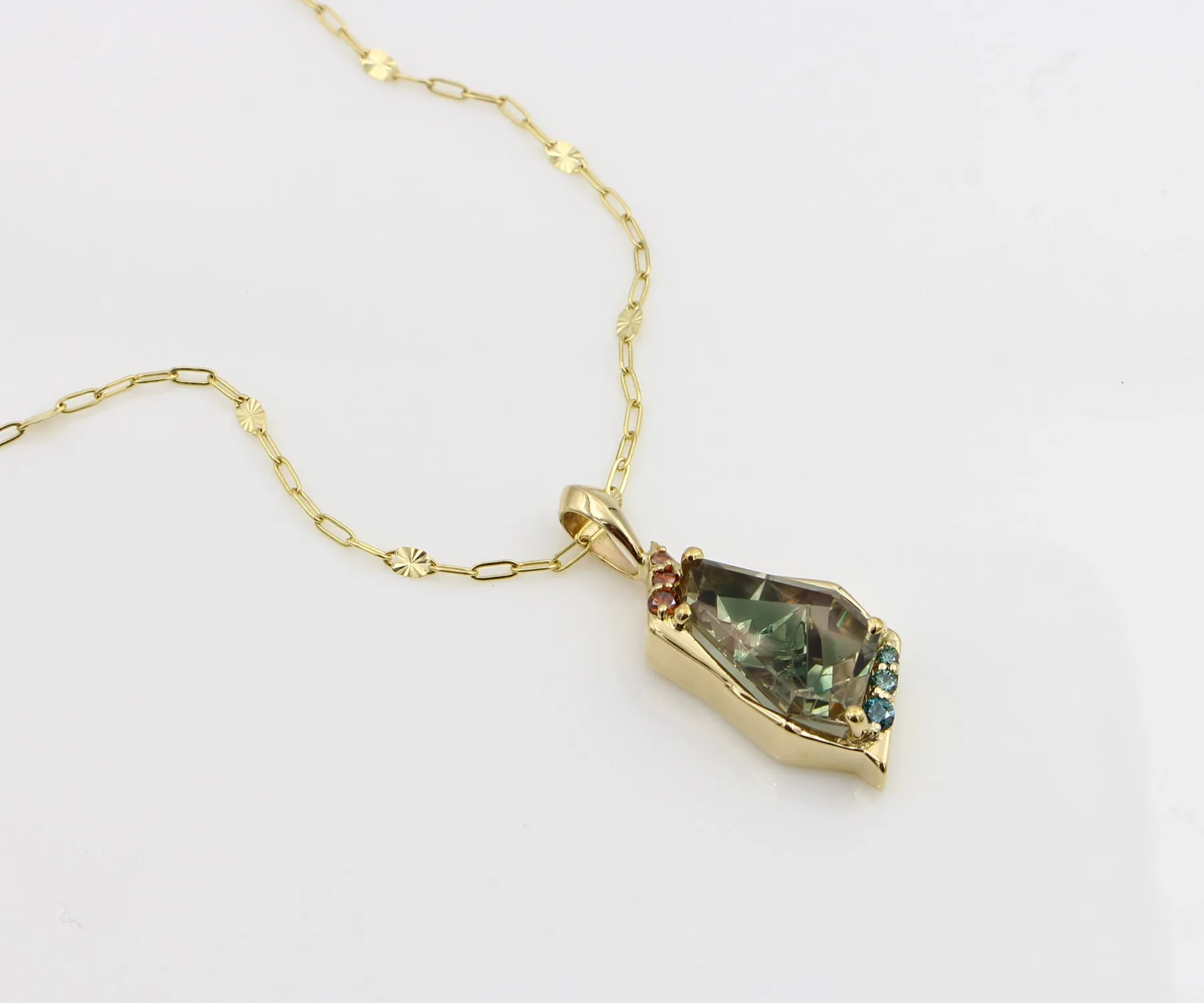 Geometric Green Sunstone Diamond Gold Necklace