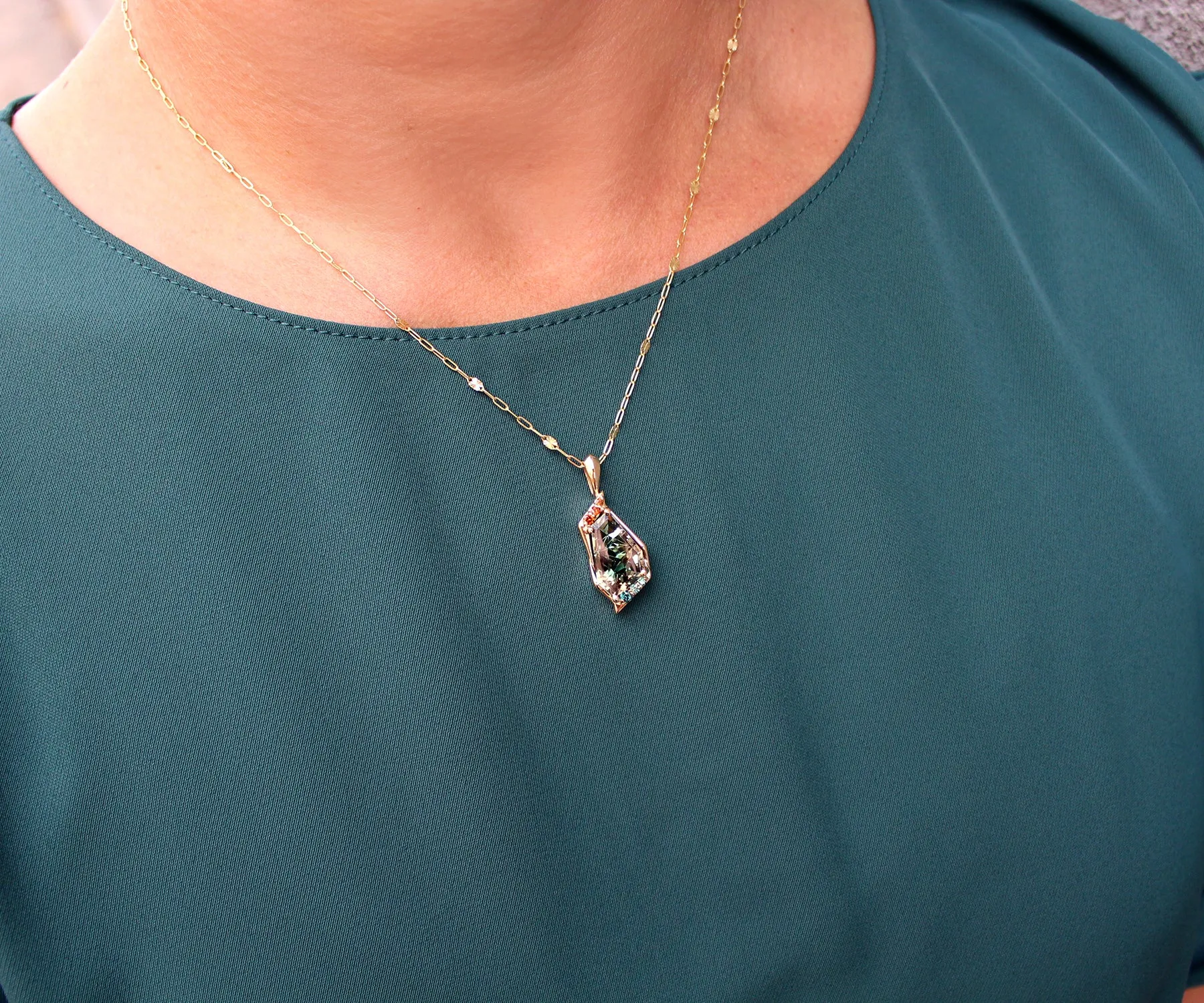 Geometric Green Sunstone Diamond Gold Necklace