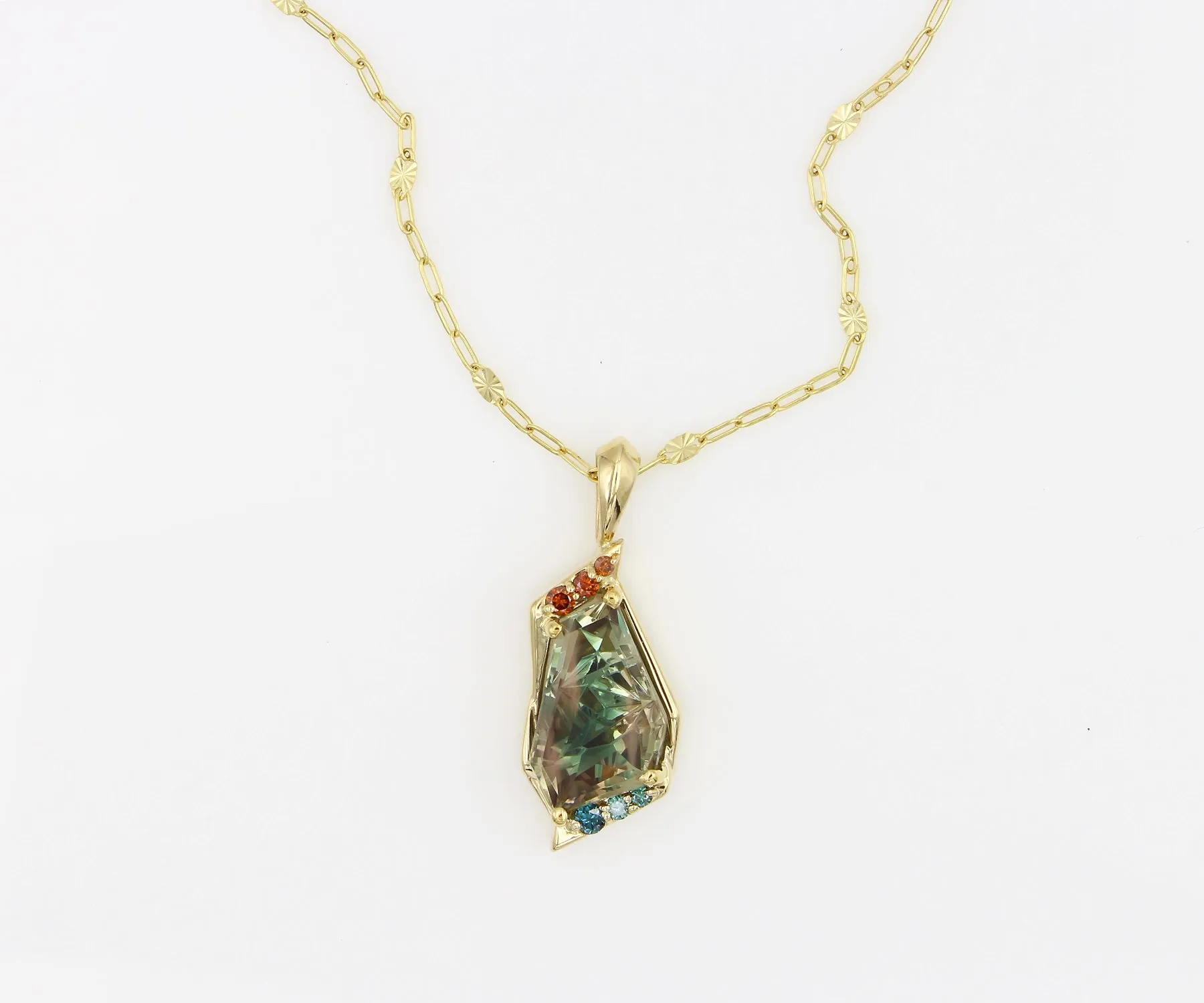 Geometric Green Sunstone Diamond Gold Necklace