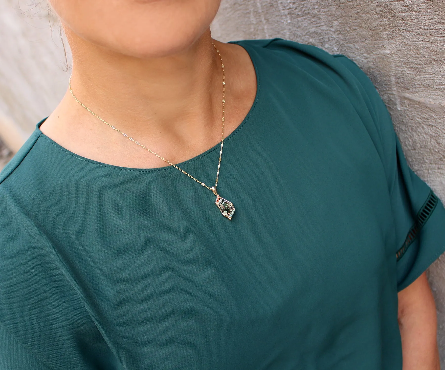 Geometric Green Sunstone Diamond Gold Necklace