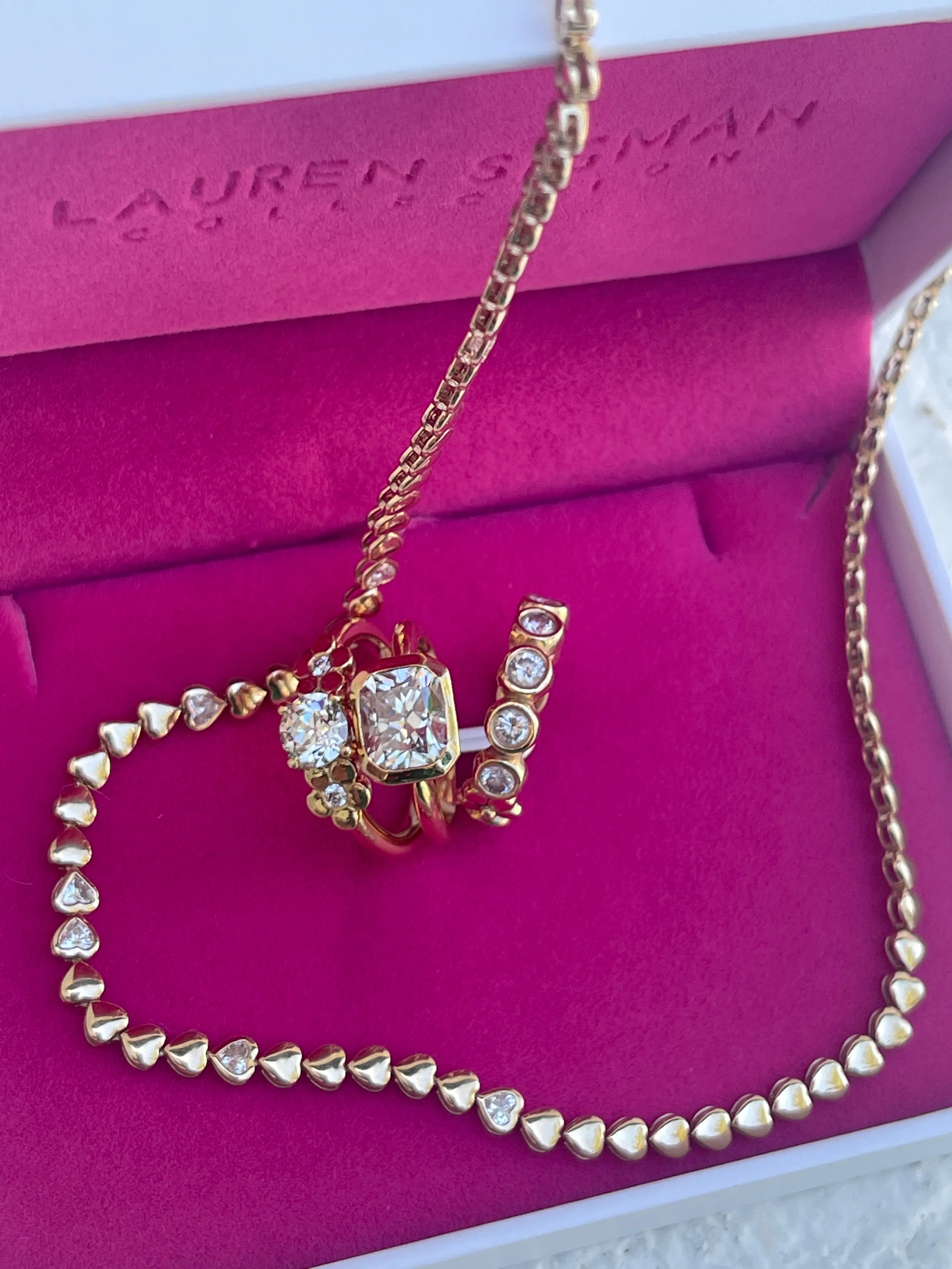 Golden Diamond Heart Tennis Necklace/7 Diamond Hearts