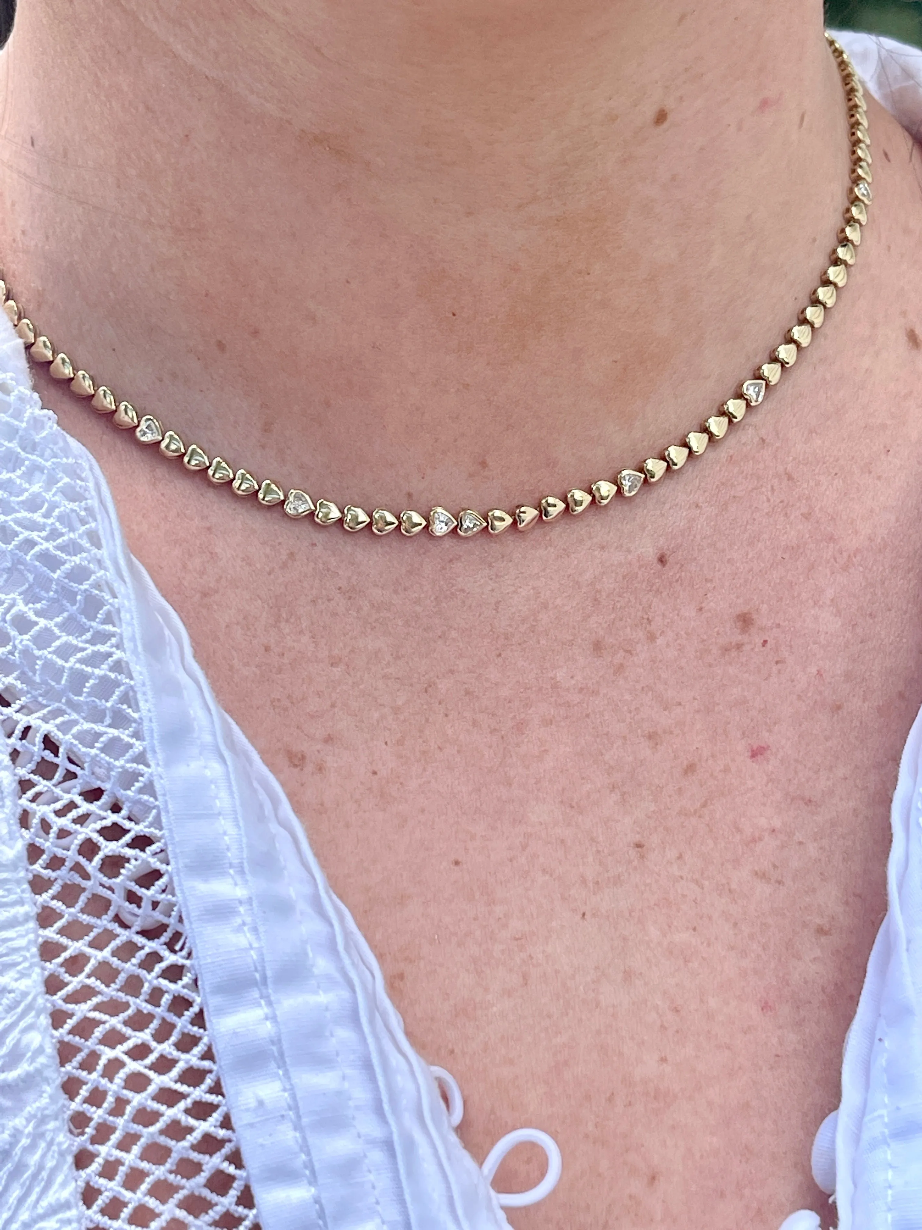 Golden Diamond Heart Tennis Necklace/7 Diamond Hearts