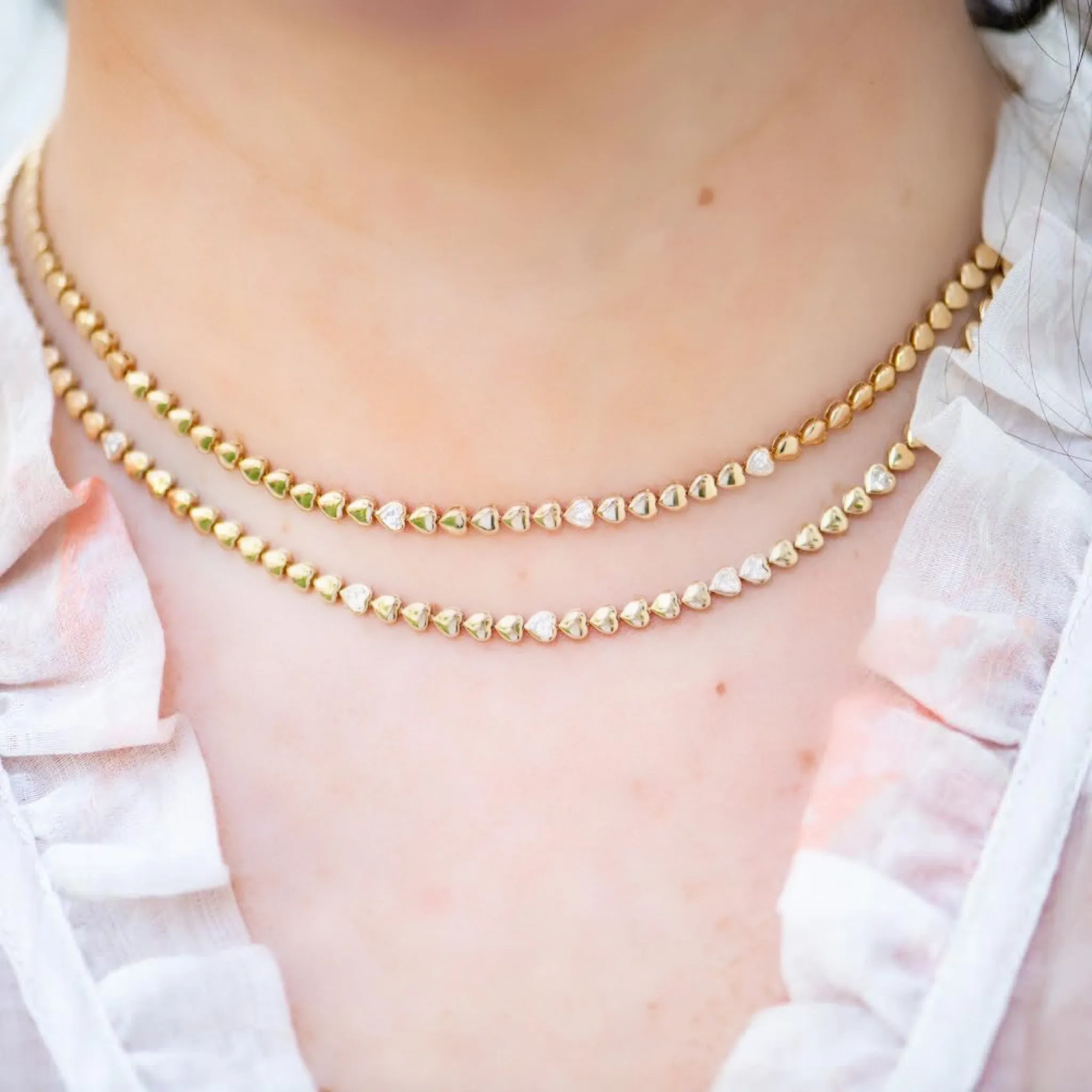 Golden Diamond Heart Tennis Necklace/7 Diamond Hearts