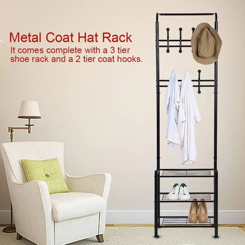 Hall Tree Coat Rack Black Metal Coat Hat Shoe Bench Rack 3-Tier Storage Shelves Free Standing Clothes Stand 18 Hooks Entryway Corner Hallway Garment Organizer