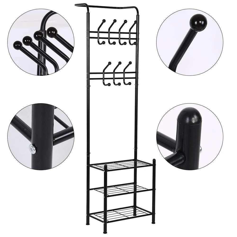Hall Tree Coat Rack Black Metal Coat Hat Shoe Bench Rack 3-Tier Storage Shelves Free Standing Clothes Stand 18 Hooks Entryway Corner Hallway Garment Organizer