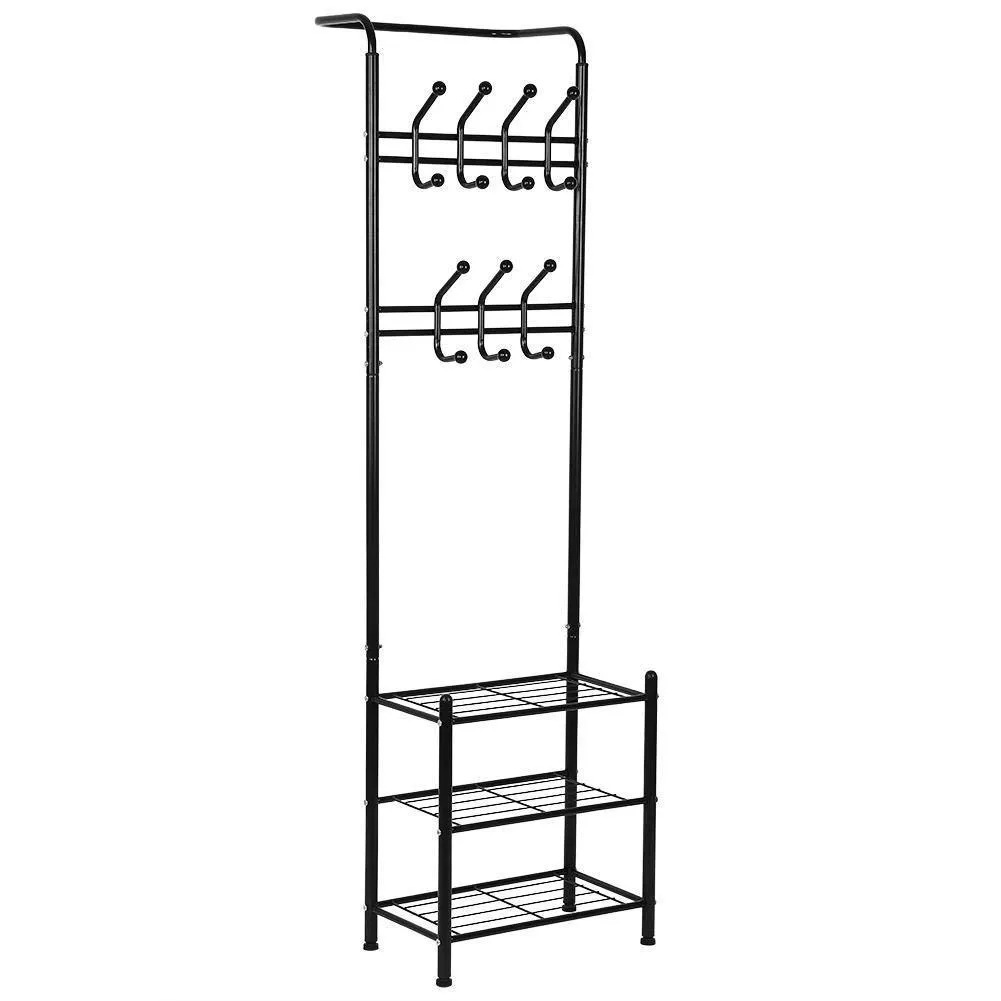 Hall Tree Coat Rack Black Metal Coat Hat Shoe Bench Rack 3-Tier Storage Shelves Free Standing Clothes Stand 18 Hooks Entryway Corner Hallway Garment Organizer