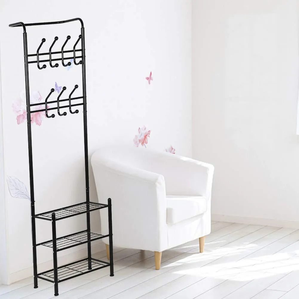 Hall Tree Coat Rack Black Metal Coat Hat Shoe Bench Rack 3-Tier Storage Shelves Free Standing Clothes Stand 18 Hooks Entryway Corner Hallway Garment Organizer