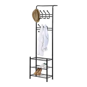 Hall Tree Coat Rack Black Metal Coat Hat Shoe Bench Rack 3-Tier Storage Shelves Free Standing Clothes Stand 18 Hooks Entryway Corner Hallway Garment Organizer