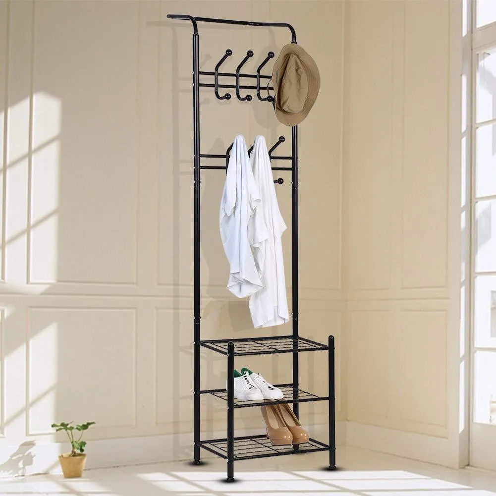 Hall Tree Coat Rack Black Metal Coat Hat Shoe Bench Rack 3-Tier Storage Shelves Free Standing Clothes Stand 18 Hooks Entryway Corner Hallway Garment Organizer