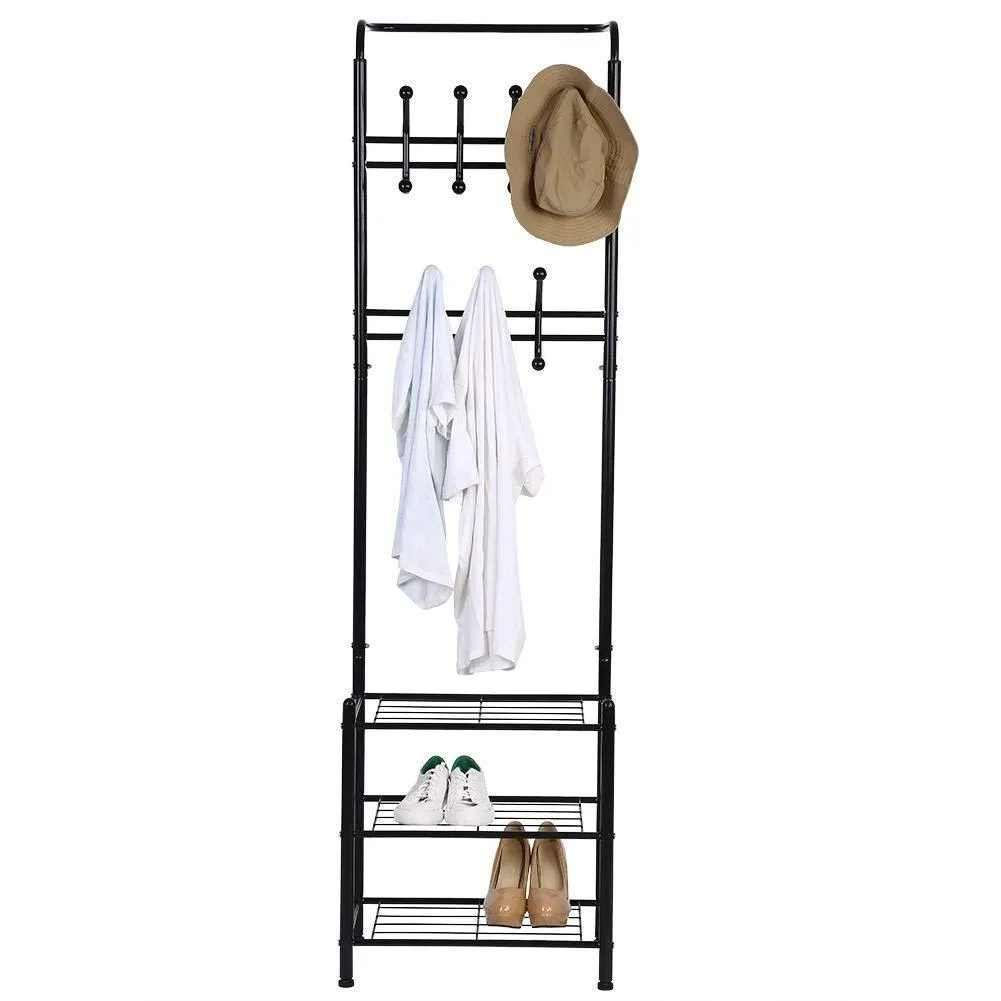 Hall Tree Coat Rack Black Metal Coat Hat Shoe Bench Rack 3-Tier Storage Shelves Free Standing Clothes Stand 18 Hooks Entryway Corner Hallway Garment Organizer