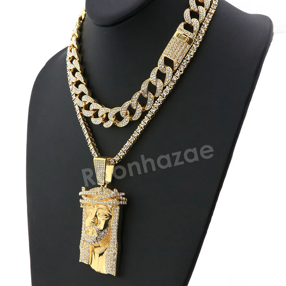 Hip Hop Quavo Jesus Face Miami Cuban Choker Tennis Chain Necklace L36