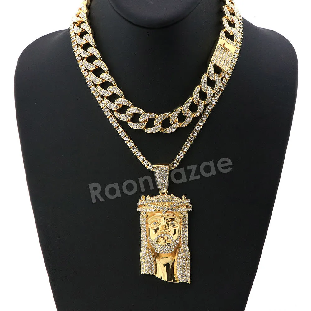 Hip Hop Quavo Jesus Face Miami Cuban Choker Tennis Chain Necklace L36