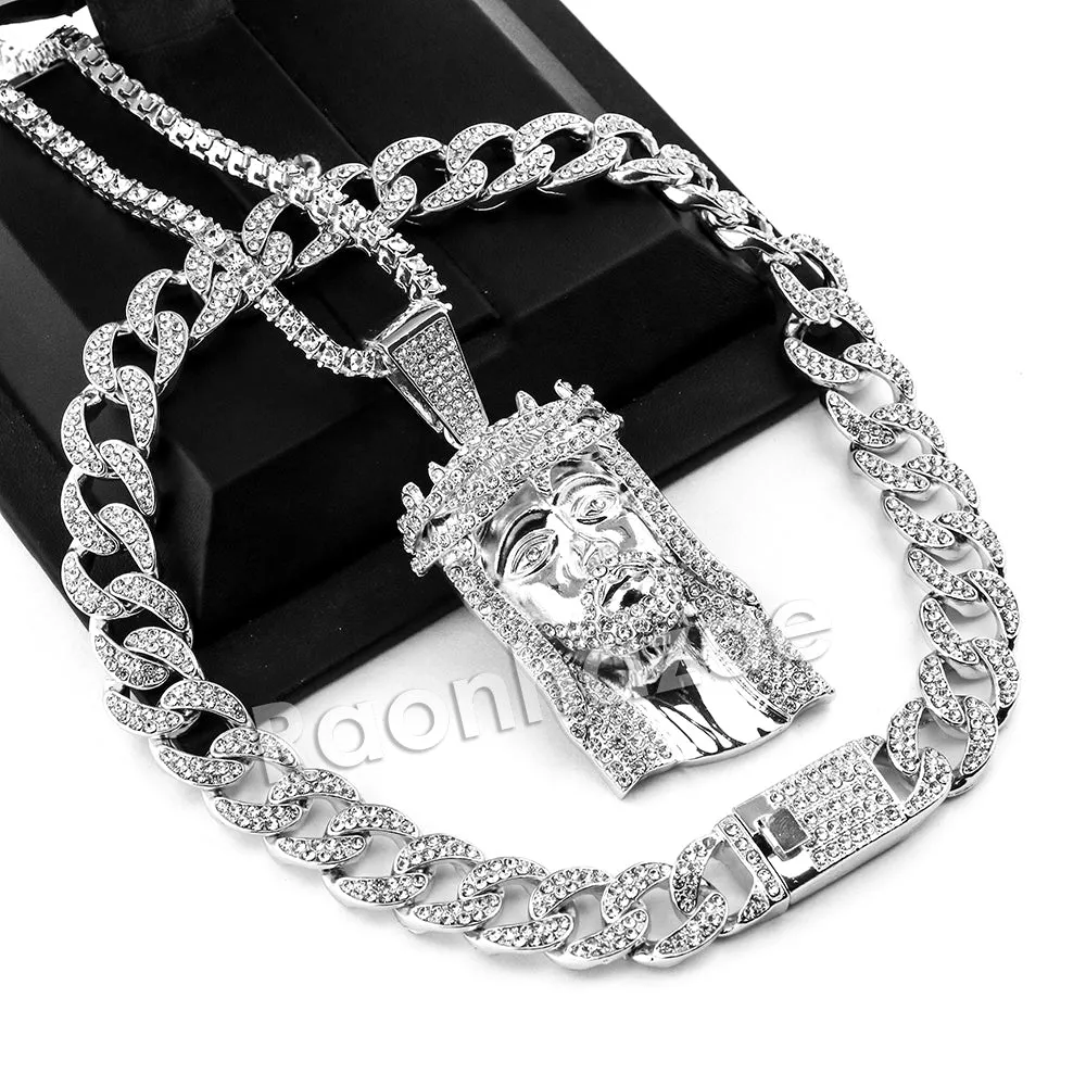 Hip Hop Quavo Jesus Face Miami Cuban Choker Tennis Chain Necklace L36