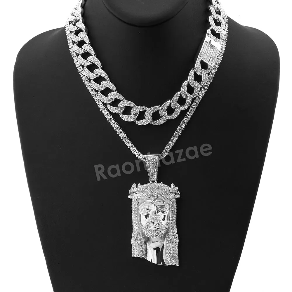 Hip Hop Quavo Jesus Face Miami Cuban Choker Tennis Chain Necklace L36