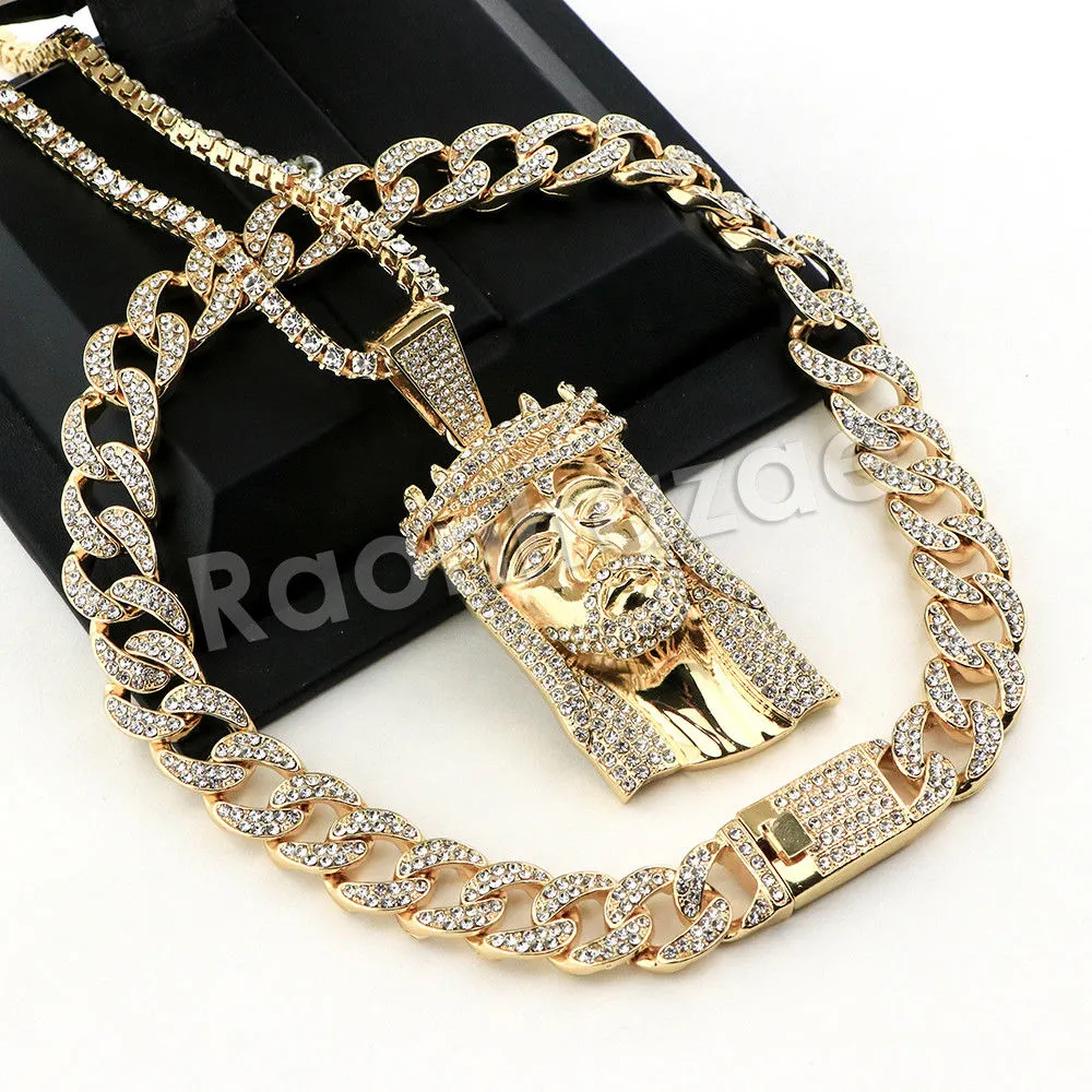 Hip Hop Quavo Jesus Face Miami Cuban Choker Tennis Chain Necklace L36