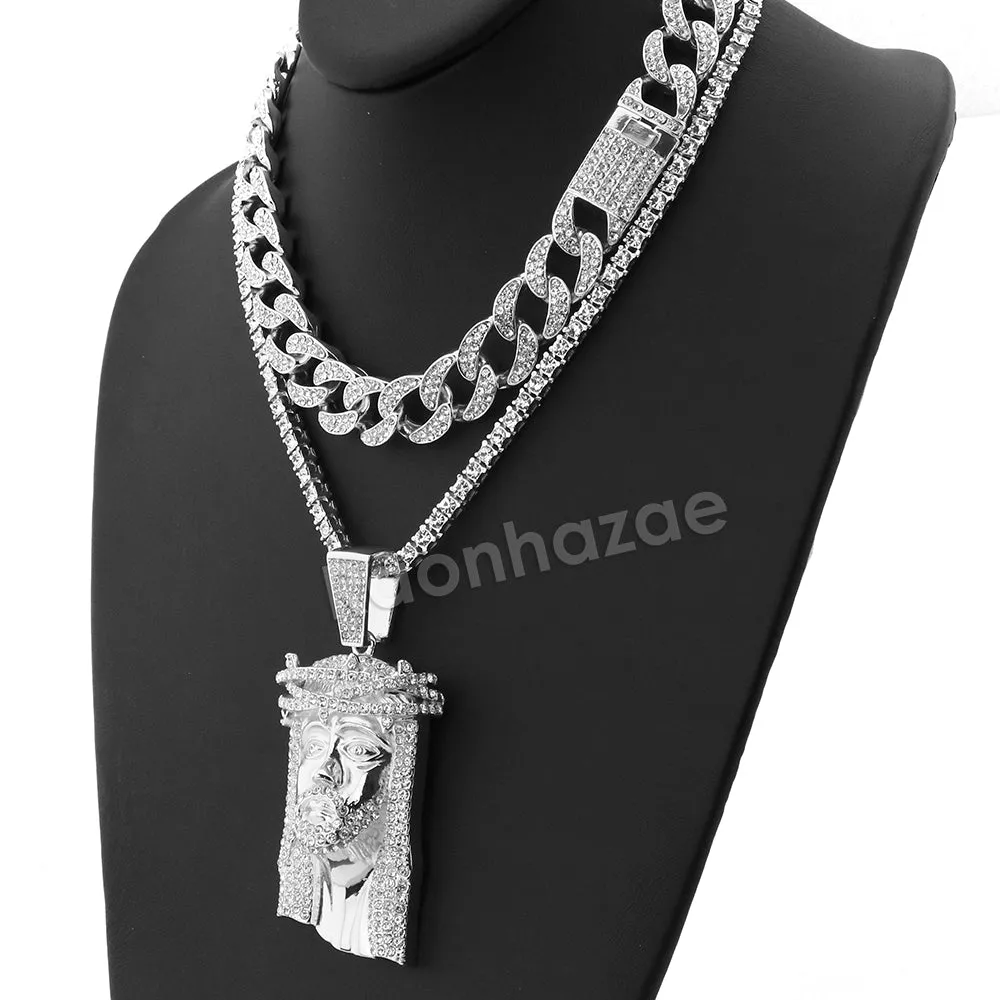 Hip Hop Quavo Jesus Face Miami Cuban Choker Tennis Chain Necklace L36