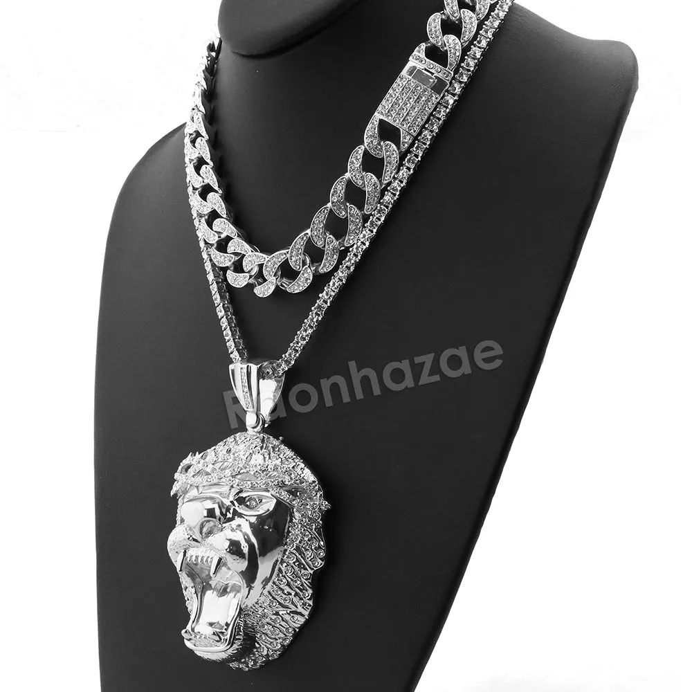 Hip Hop Quavo Roaring Lion Miami Cuban Choker Chain Tennis Necklace L54