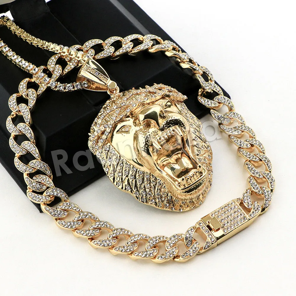 Hip Hop Quavo Roaring Lion Miami Cuban Choker Chain Tennis Necklace L54