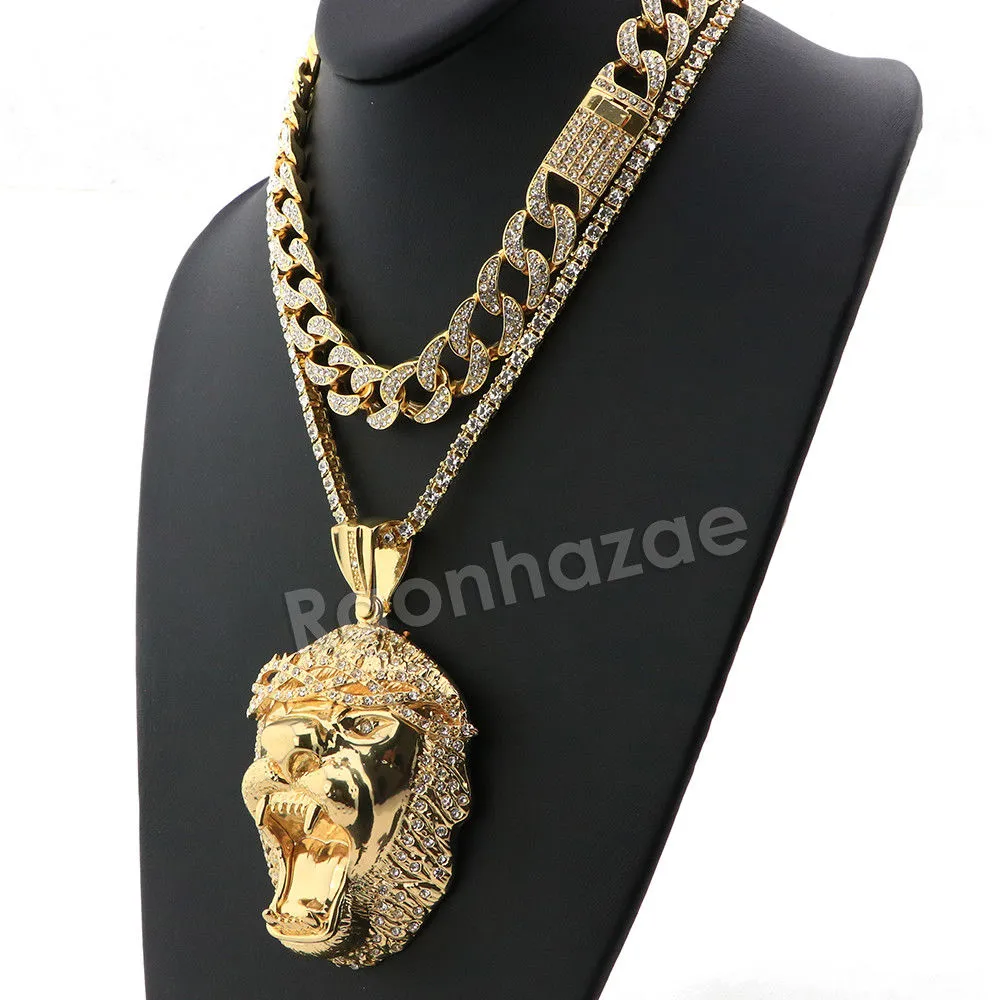 Hip Hop Quavo Roaring Lion Miami Cuban Choker Chain Tennis Necklace L54