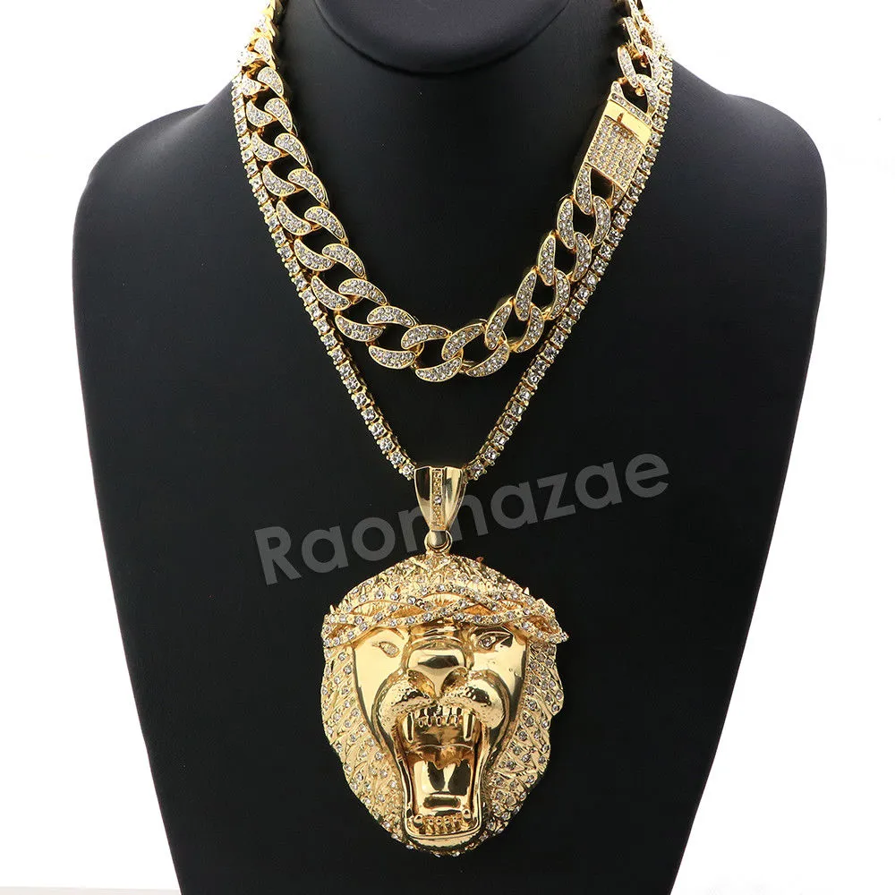 Hip Hop Quavo Roaring Lion Miami Cuban Choker Chain Tennis Necklace L54